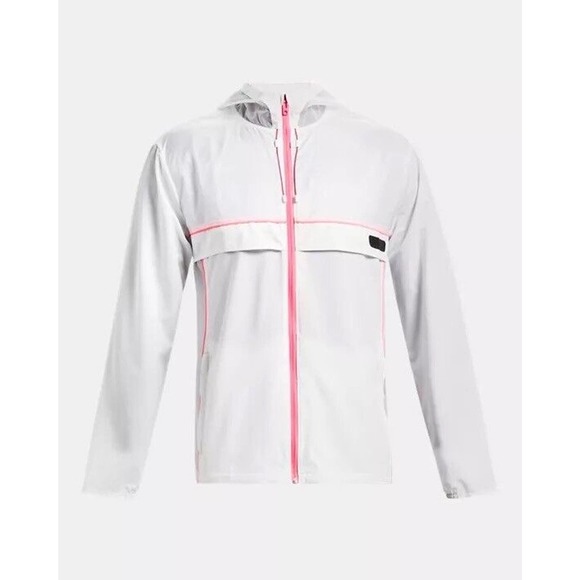 UNDER ARMOUR MENS JACKET SIZE SMALL WHITE PINK FULL ZIP HOOD RUNNING WINDBREAKER - Picture 1 of 10